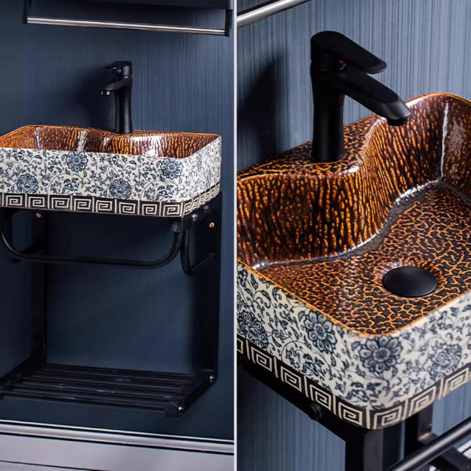 Bathroom Sink Corner, Corner Wall Mount Wash Basin, Bathroom Sink with Towel Rack,Blue and White Style