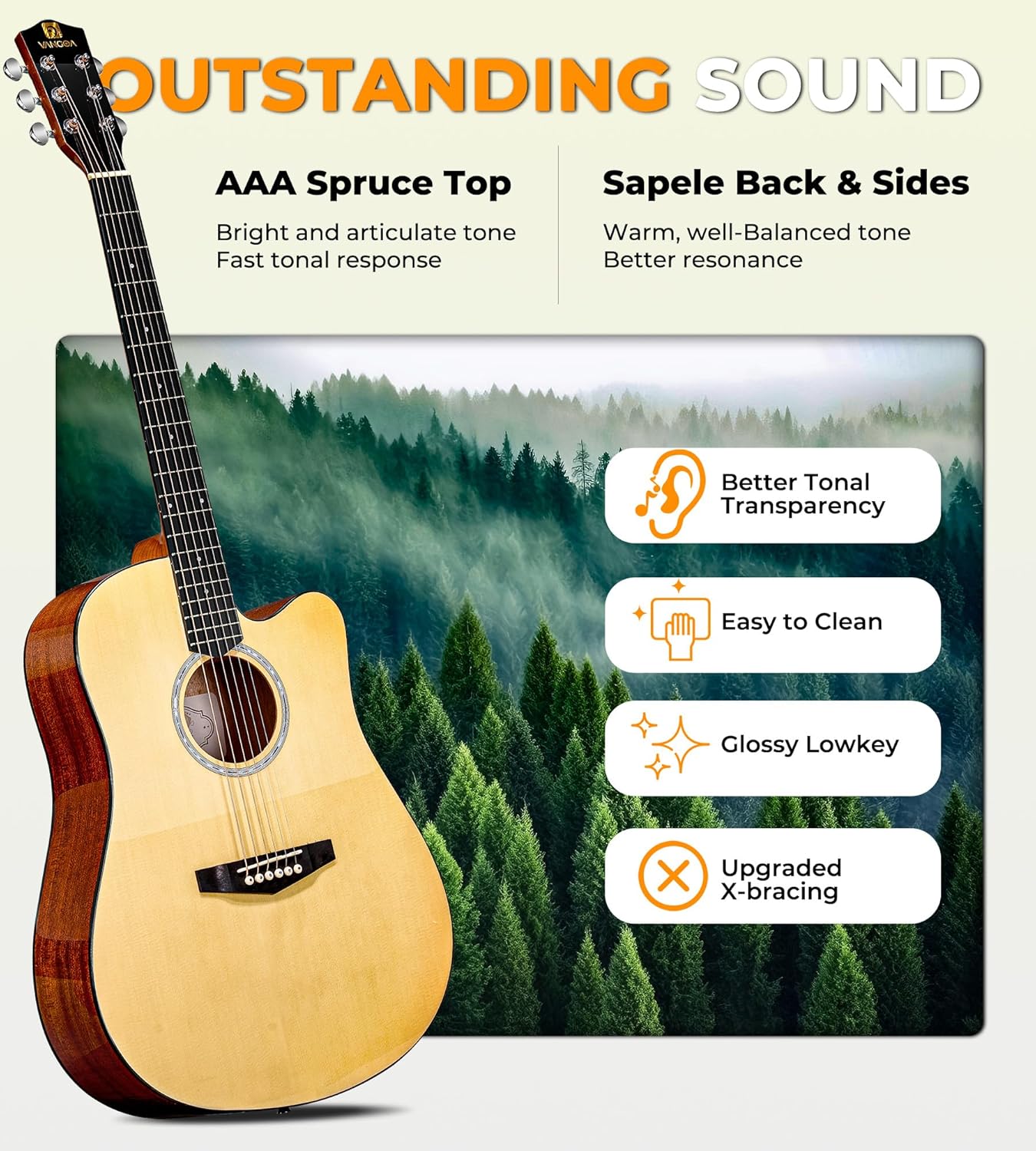 Vangoa Acoustic Guitar Kit for Beginner Adult Teen Full Size Cutaway Acustica Guitarra Starter 41 Inch Guitar Natural Bundle Set with Bag Strap Tuner Capo Pickguard Pick, Right Hand