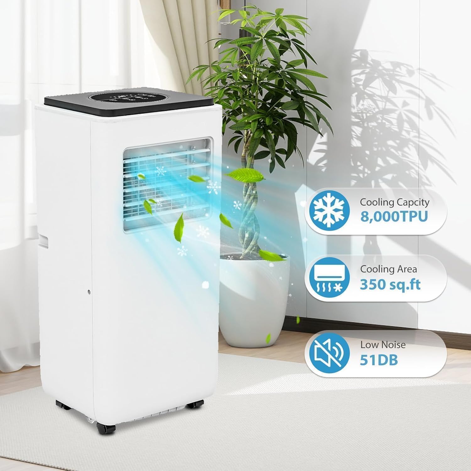 8000 BTU Portable Air Conditioner, with Dehumidifier and Fan, Quiet Sleep Mode, 24-Hour Timer, Floor Air Conditioner for Rooms up to 300 Sq.Ft