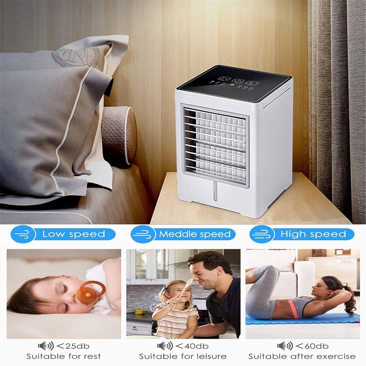 Portable Air Conditioner, Mini Air Cooler Fan, Personal Mini AC with 3 Speeds 6H Timing, Interface, 470ml Capacity Anti-leakage Water Small for Room Bedroom Office Home Tent