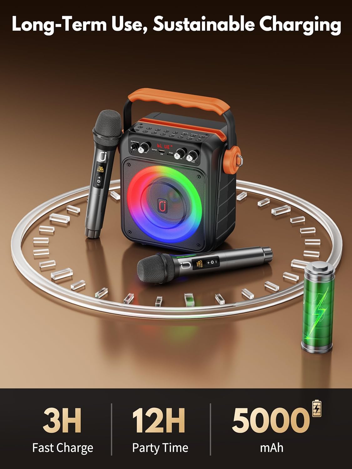 Karaoke Machine with 2 Wireless Microphones: HWWR Portable Karaoke Bluetooth 5.3 Light Speaker, PA System Home Party with Subwoofer, Disco Lights, Supports TV/REC/FM/AUX/USB/TF for Gifts Adult Kids