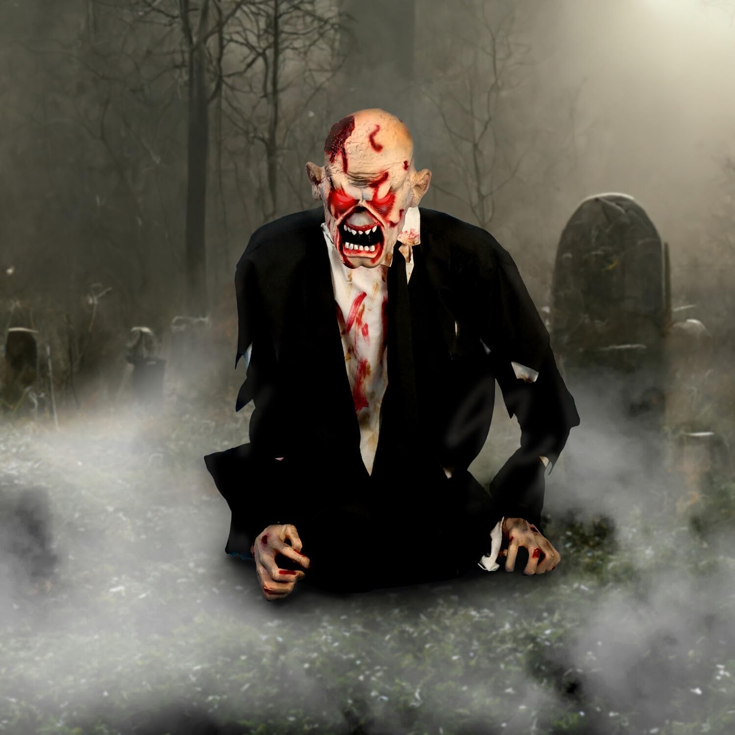Haunted Hill Farm Damien by Tekky, Battery-Operated, Motion and Sound Activated Animatronic Zombie with Sound Effects and Lights for Indoor or Covered Outdoor Creepy Halloween Decoration