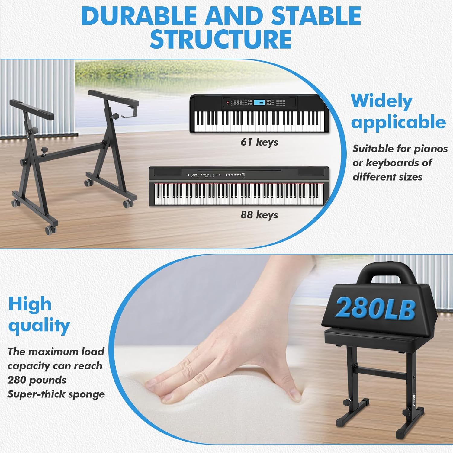 Keyboard Piano Stand, Heavy Duty with Wheels and Pads, Z Style Adjustable Portable Keyboard Stand, Fits 54, 61, 88 Key Electric Keyboards Digital Pianos (Piano Stand + Bench)