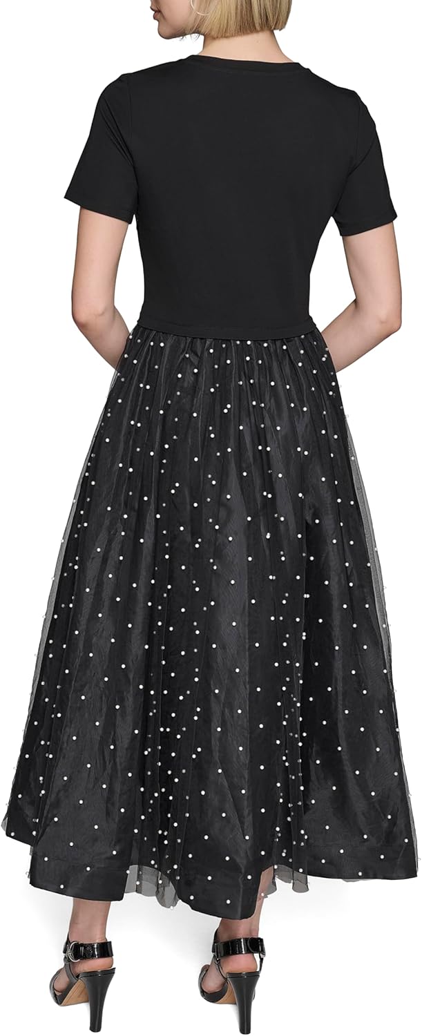 KARL LAGERFELD Womens Pearl Mesh Short Sleeve Round Neck Midi Dress