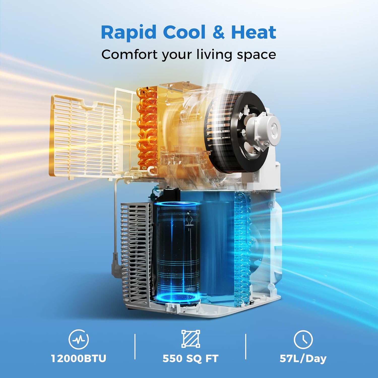 2025 Upgraded Smart Portable Air Conditioner,12,000 BTU Portable AC Unit with Built-in Cool&Heat, 4-in-1 Cooling Fan & Dehumidifier for Rooms up to 550 Sq. Ft.,Smart APP and Remote Control,3 Speed