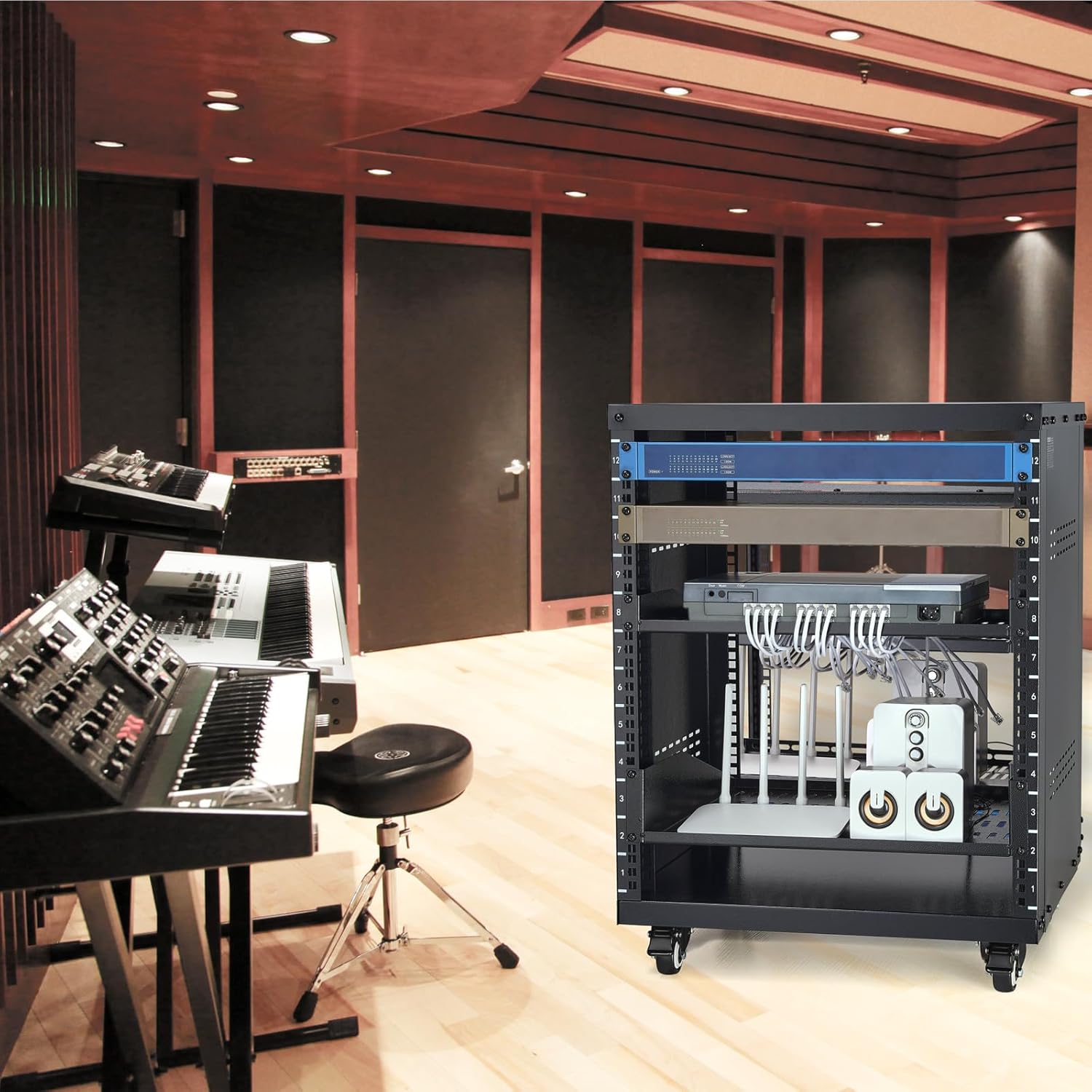 VEVOR 12U AV Rack Stand with Caster Wheels, Component Rack Cabinet Recording Studio Racks, Removable Side Panels, Universal Network Server Case, Special Vents for 19'' Audio Video Rack Mounting