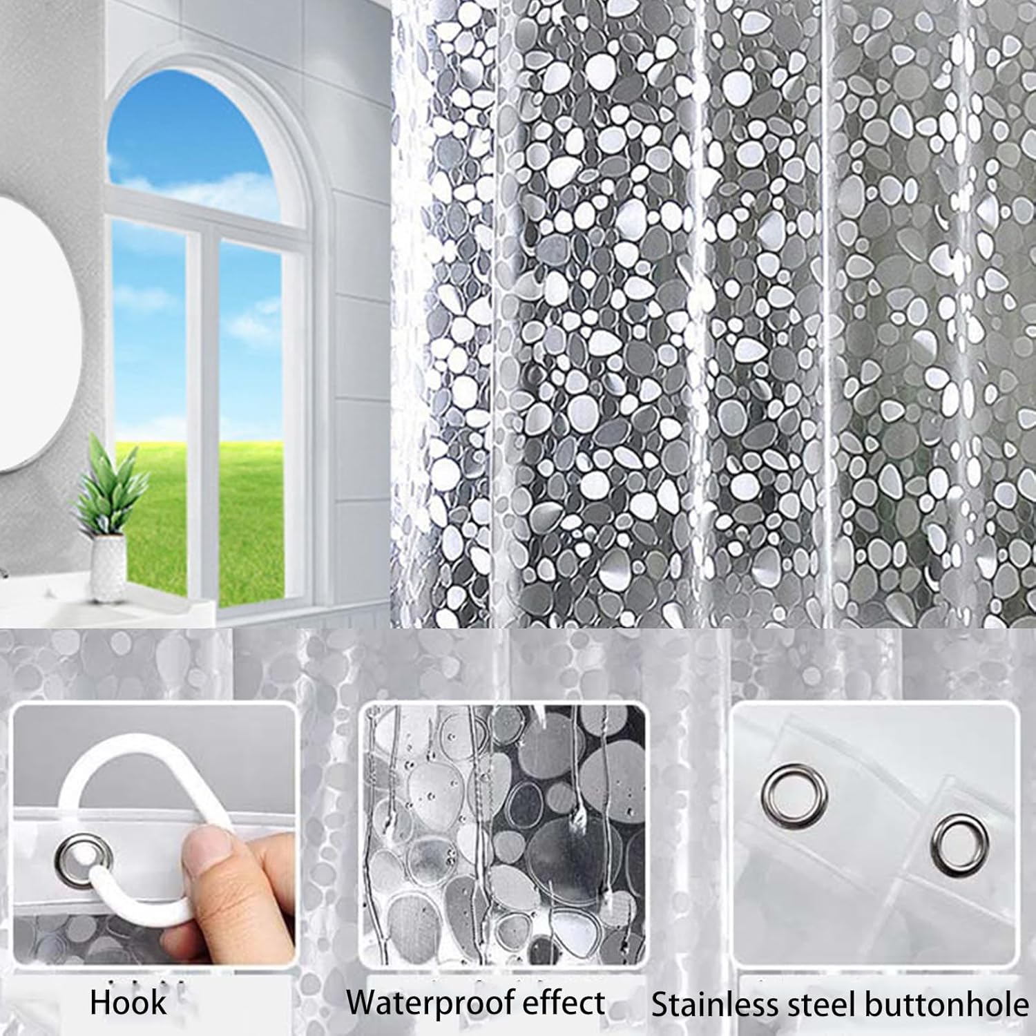 Folding Shower Curtain Rod Set,Grey Wall Mount Retractable Shower Curtain,EVA Clear Shower Curtain Adjustable Angle Folding Curtains, L shaped Corner Shower Curtain Rod(Pebble 3-Fold 70.9