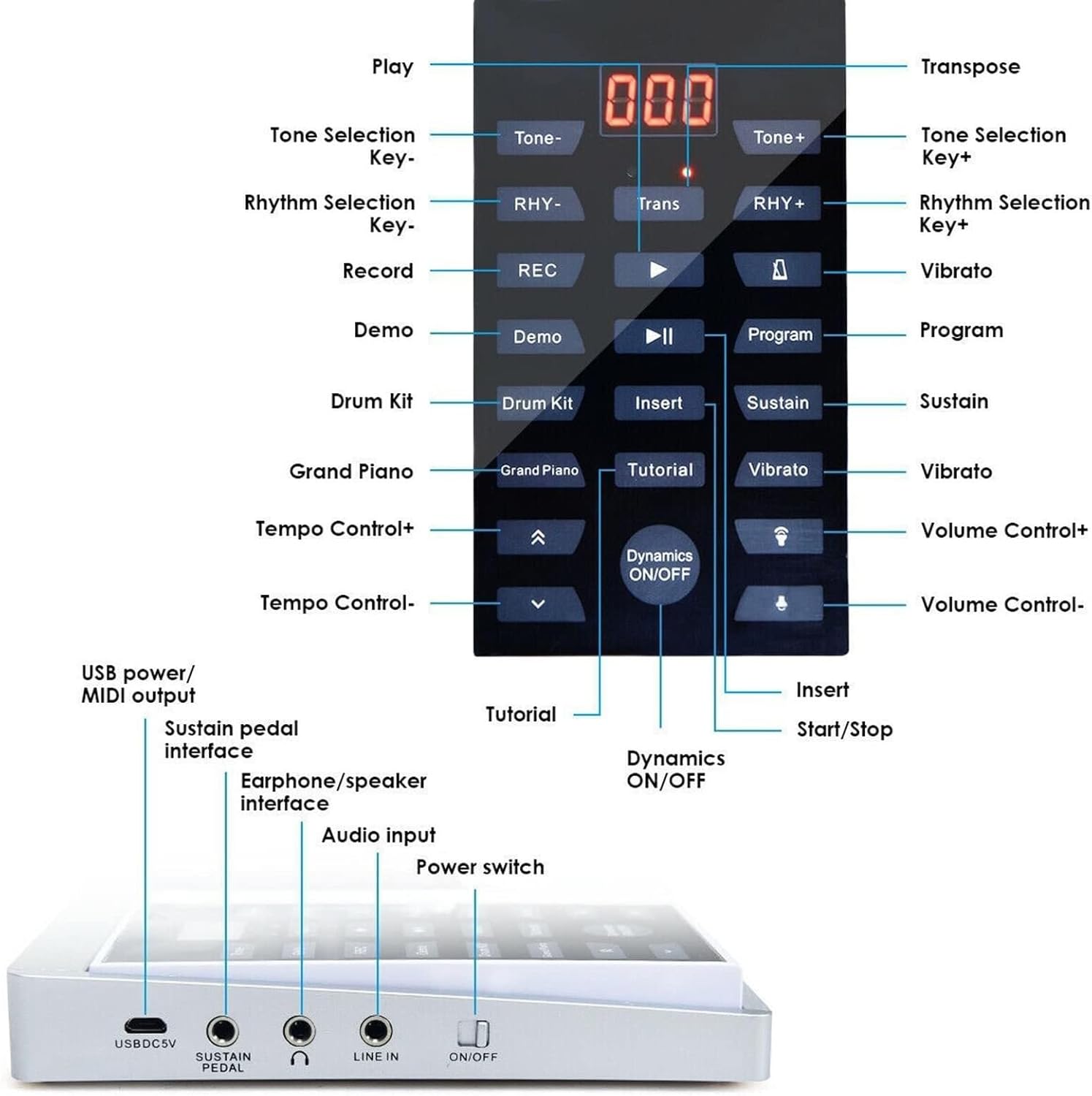 61-Key Full-Size Touch-Sensitive Electric Piano, Portable Rechargeable Travel Keyboard with Bluetooth, MIDI Mode for Beginners & Teens