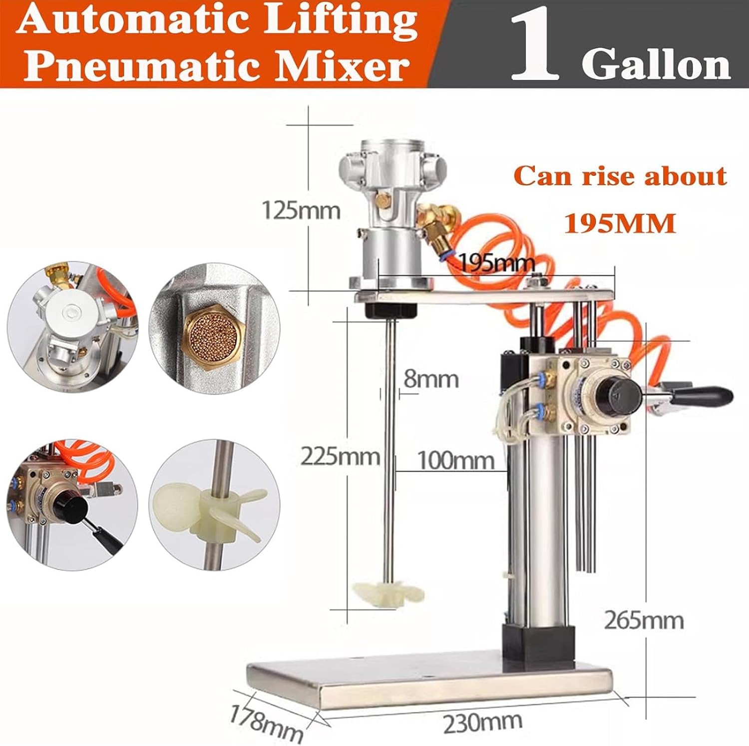 1/8HP Pneumatic Mixer, 1 Gallon Automatic Lift Air Agitator, Desktop Vertical Coatings Mixing Machine, with Stand, for Viscous Liquid Ink Dye Chemicals