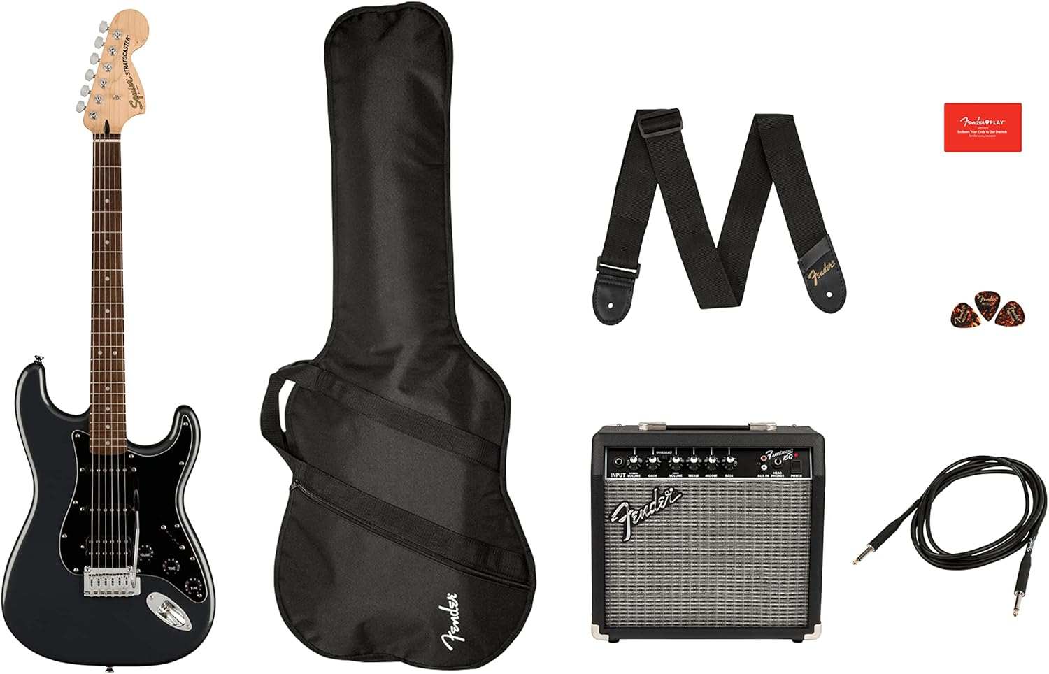 Squier by Fender Affinity Series Stratocaster Pack, HSS, Laurel Fingerboard, Charcoal Frost Metallic & FT-1 Professional Clip-On Tuner
