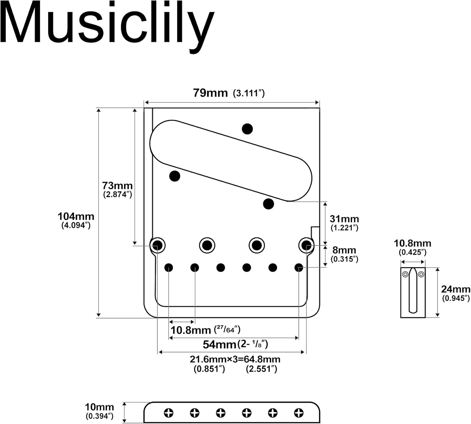 Musiclily Ultra 2-1/8 inch Brass Heavy Duty Asymmetric Telecaster Bridge for Tele Style Electric Guitar, Gold