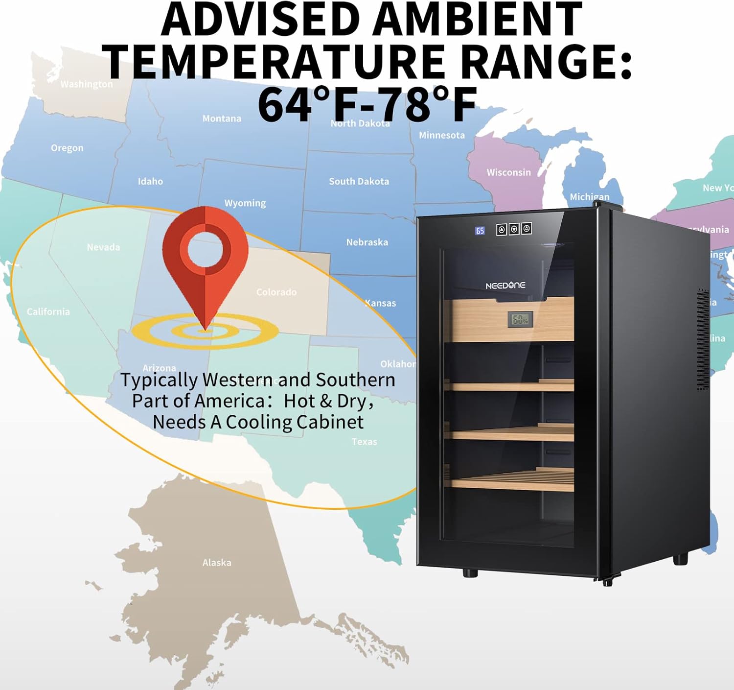 NEEDONE 300 Count Electric Cabinet, Made with Spanish Cedar Wood Shelves & Drawer with Hygrometer, LED Lighting, Cooling Function, Gift for Men