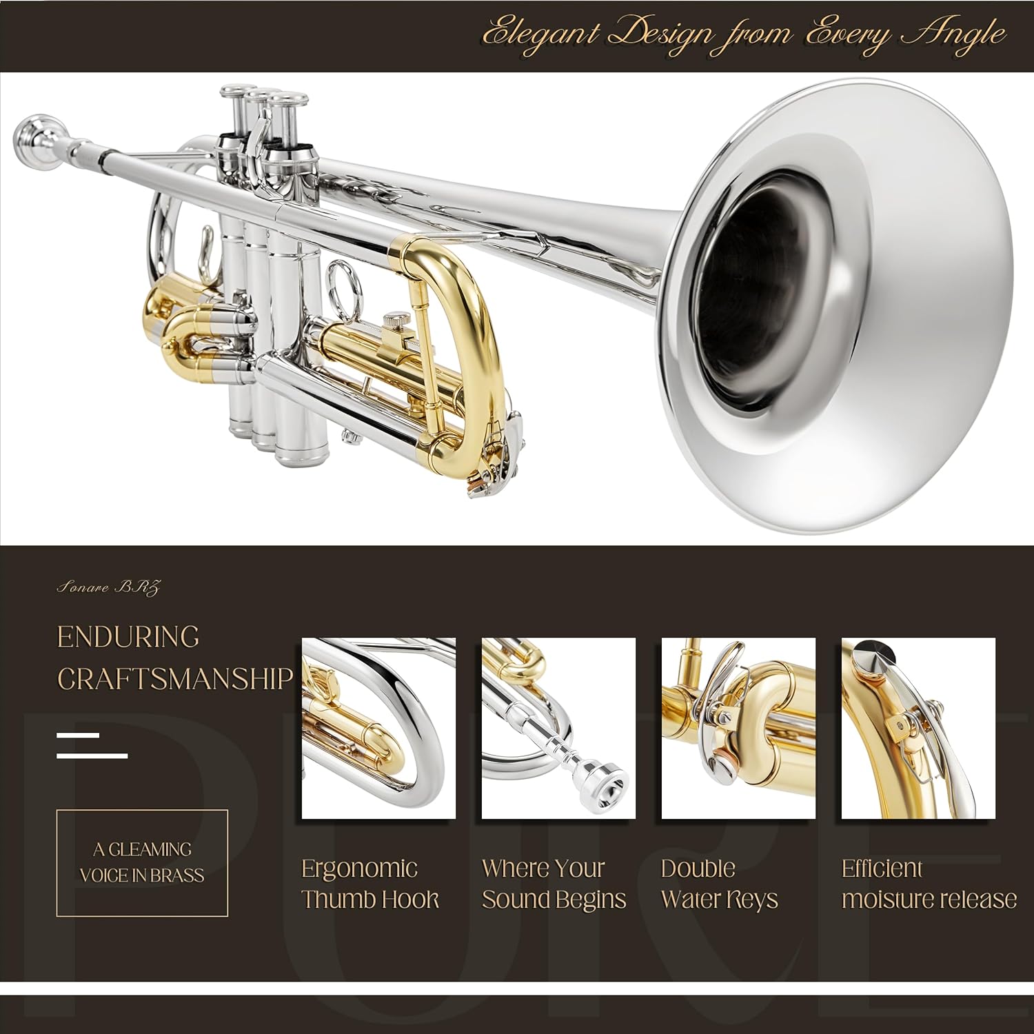 AKLOT Hand-Hammered Bell Bb Trumpet: Smooth Valve Action, Clear-Lacquered Brass Body, Standard Trumpet Beginner Set with Leather Case, Lesson Book, Trumpet Mute, Mouthpiece, Cleaning Kit (SNR-BrzAC)