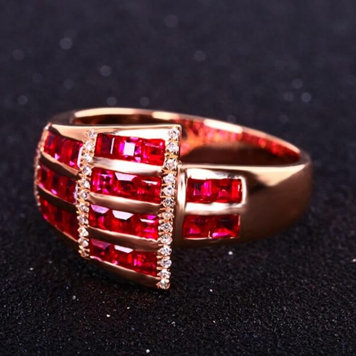 18K Yellow Gold Ring for Women, Wedding Bands Unique Lab Created Ruby Drill Row Yellow Gold Ring with Moissanite for Mother