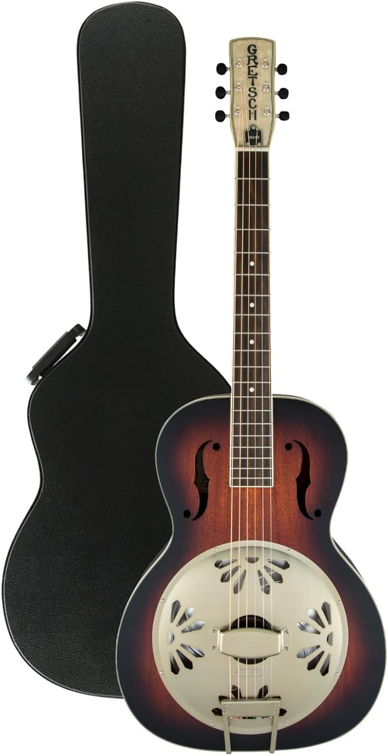 Gretsch G9241 Mahogany Round Neck 6-String Acoustic-Electric Resonator Guitar, Right Hand (2-Color Sunburst) Bundle with Protective Hard Shell Wood Finish Case (Black) (2 Items)