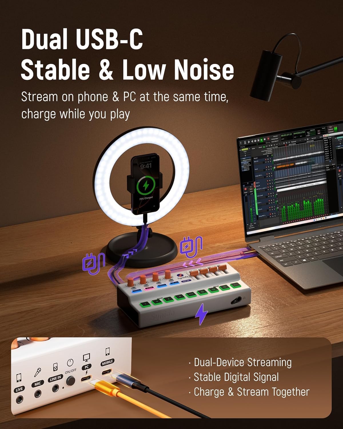 Synido Wireless Audio Interface Live Sound Card and MIDI Pad Beat Maker Machine with 64 Velocity Sensitive RGB Pads