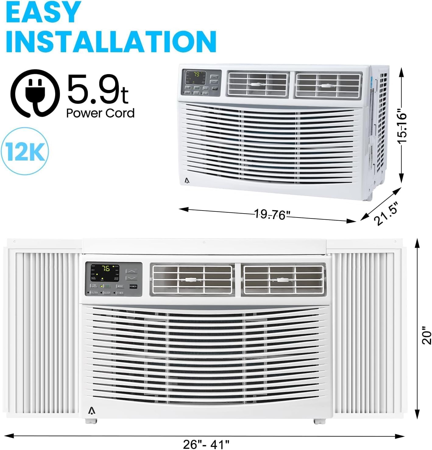 12000 BTU Window Air Conditioner With Remote Control,Window AC Cools Up to 550 Sq.Ft, Ultra Quiet Window Air Conditioner With WIFI, Dehumidifier & Energy Saving & Easy Installation, White