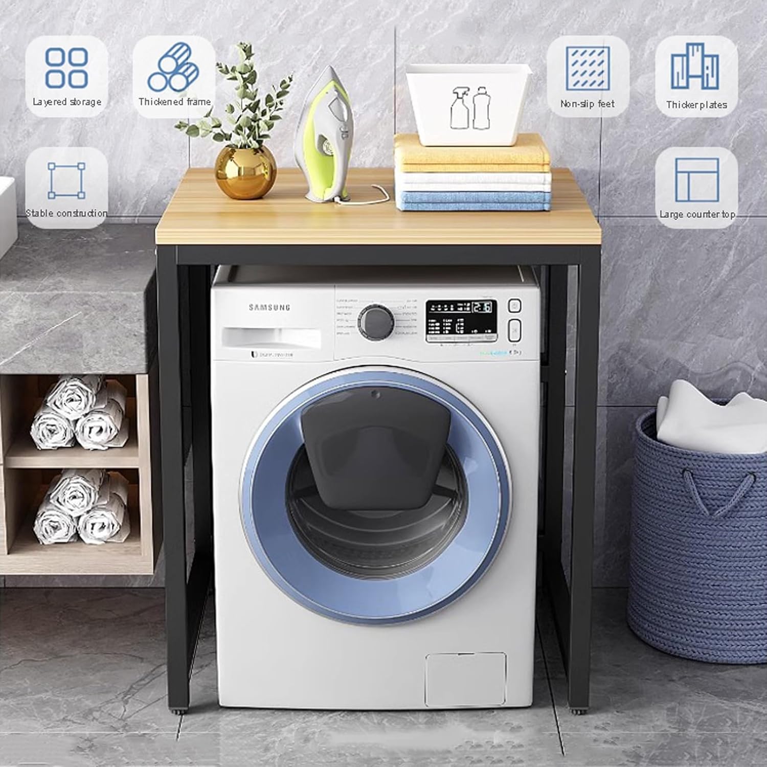 Adjustable Non Slip Feet Drum Washing Machine Storage Rack Freestanding Over Washing Machine Shelf with Space Saving Design Organiser Shelf for Small Kitchen Bathroom