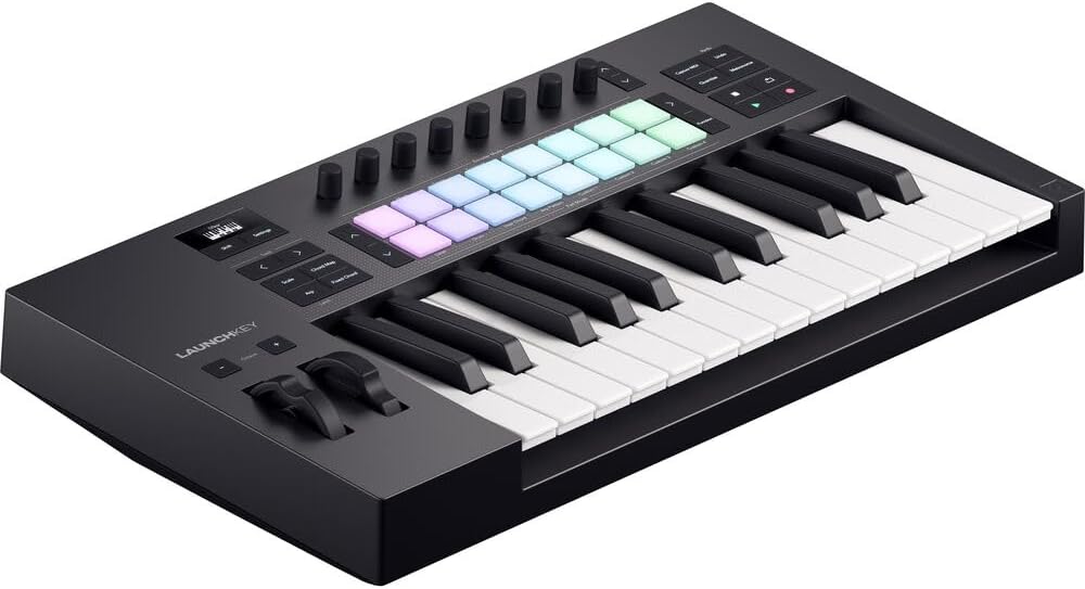 Novation Launchkey 25 MK4 USB MIDI Keyboard Controller (25 Keys) Bundle with HPC-A30 Closed-Back Studio Monitor Headphones, FP-P1L Universal Piano-Style Sustain Pedal and Mid-310 Black 10' Midi cable