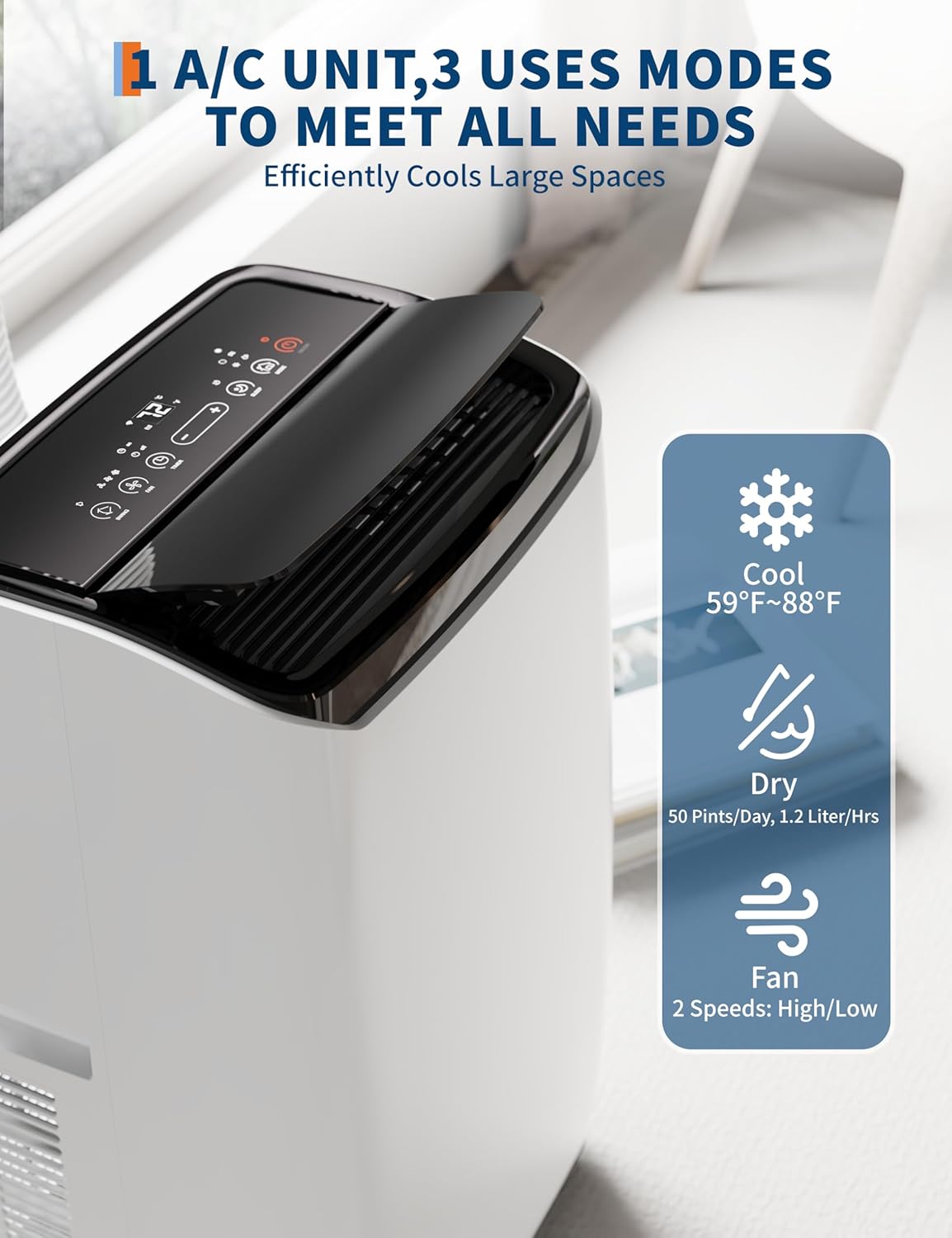 14,000 BTU Portable Air Conditioner for Room Up to 750 Sq.Ft, 4 in-1 AC Unit with Cooling, Fan, Dehumidifier & Sleep Mode, Remote Control & Window Kit Included for Home, Office, Apartment,White