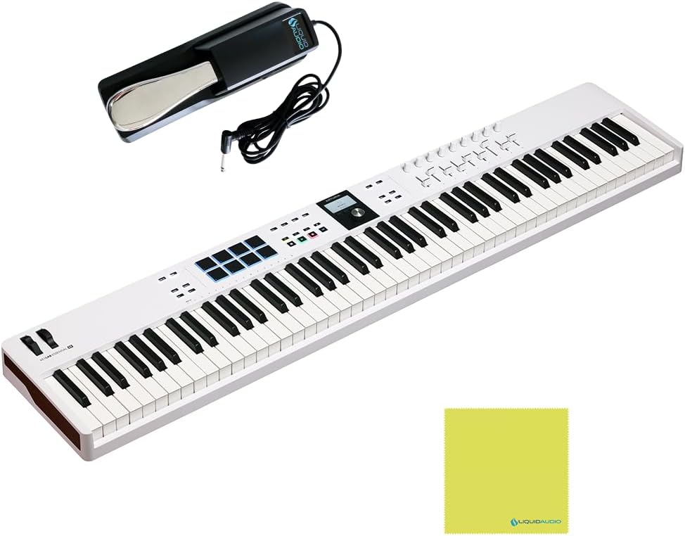 Arturia KeyLab Essential 88 mk3 Full-size Universal Midi Controller, White Bundle w/Deluxe Sustain Pedal & Liquid Audio Polishing Cloth