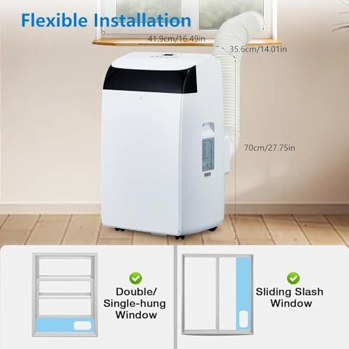 14,000 BTU Portable Air Conditioner,Cooling up to 750 sq.ft. 3-in-1 Cool, Fan and Dehumidifier Modes. Quiet AC Unit with Remote Control, LCD Display and 24-hour Timer for Rooms and Offices.
