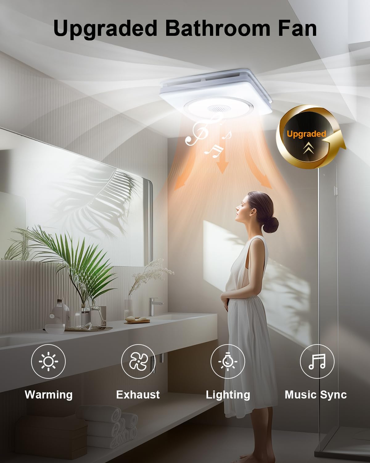 GROWNEER Bathroom Fan with Bluetooth Speaker, 110/160 CFM 1.0 Sone Bathroom Exhaust Fan with Heater, Powerful Oversize Exhaust Fan with Light & Remote, 9 RGB Modes, 1500lm 3-CCT & Nightlight