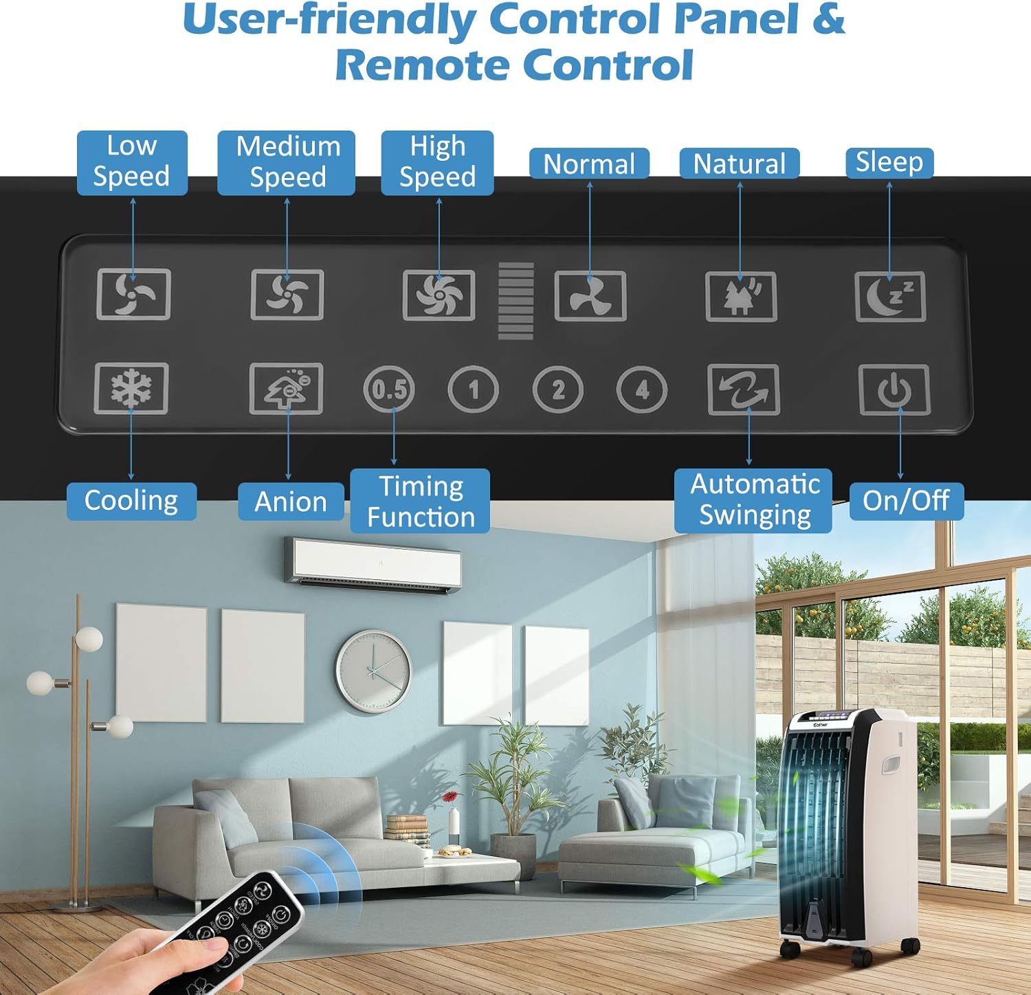 Nightcore Air Cooler, Portable Air Cooler with 3 Different Wind Speed, Bladeless Electric Fan, Humidifier with Remote Control, 7.5-Hour Timer, Office, black + white (Air Conditioners)