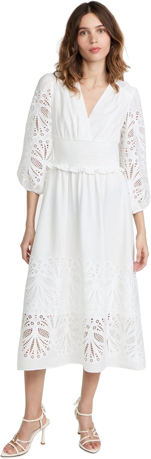 Shoshanna Women's Ari V-Neck Puff Sleeve Midi Dress