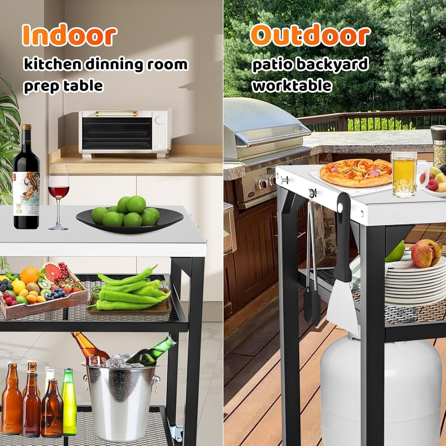 Pizza Oven Table for Ooni, Ninja, Woodfire, Blackstone, Bighorn, Cuisinart, Outdoor Grill Table for Ooni Pizza Oven Accessories, Movable Pizza Oven Stand as Food Prep Cart, Barbecue Tool Set