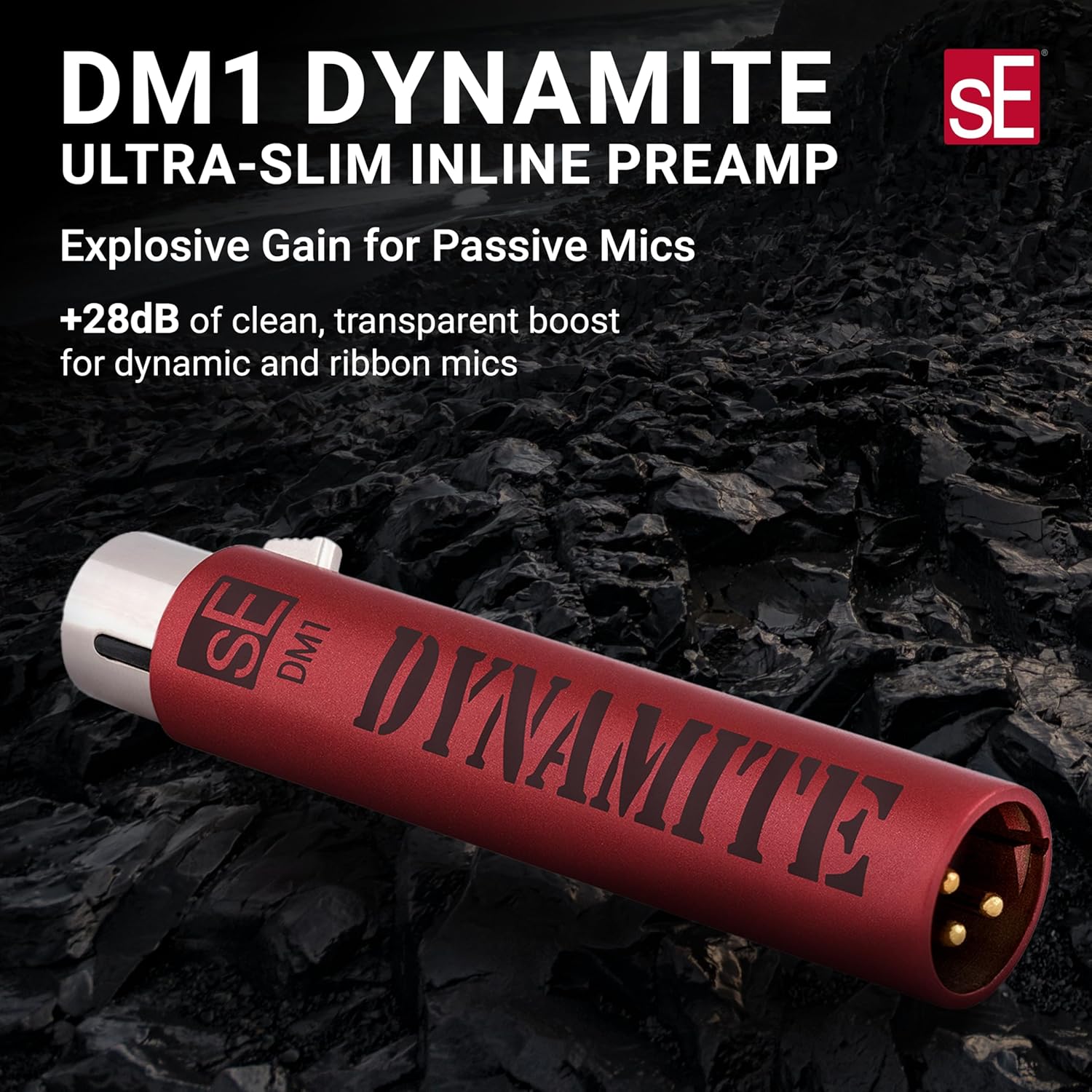 sE Electronics DM1 Dynamite Ultra-Slim Inline Microphone Preamp for Ribbon & Dynamic Microphones - Mic Preamp with +28dB Gain for Clean, Natural Sound - Ideal for Podcasting & Live Sound (Black)