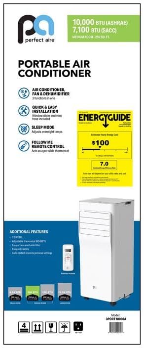 Perfect Aire 250 sq ft 3 speed 10,000 (7,100 SACC) BTU Portable Air Conditioner with Remote