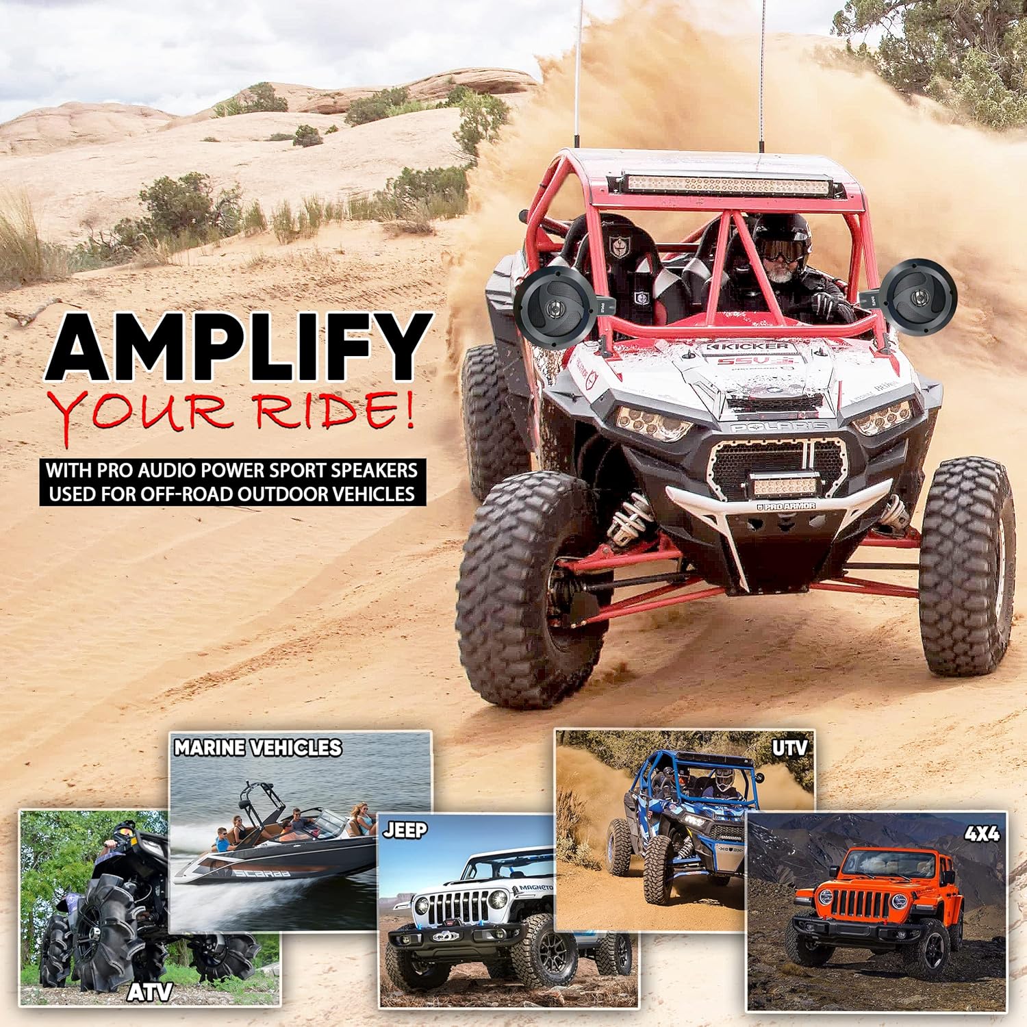 Pyle 2-Way Passive Waterproof Off-Road Speaker System - 4 Inch 900w Peak, Marine Grade Wakeboard Tower Speakers, Full-Range Outdoor Audio Speaker for ATV, UTV, Quad, Jeep, Boat - 1 pair - Black