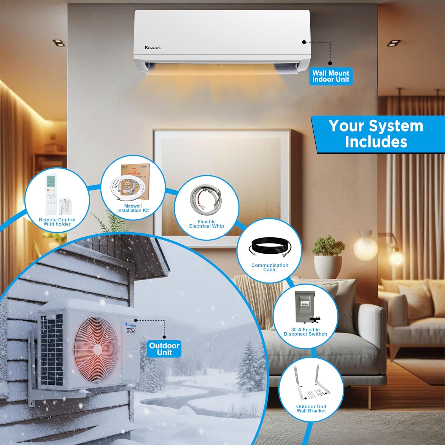 KLIMAIRE 12,000 BTU 23.1 SEER2 Hyper Heat Ductless Mini Split Air Conditioner & Heat Pump System, Operates Down to -22°F, with Pre-Flared 16'Installation Kit & Wall Bracket, 230V, Wi-Fi Enabled (230V)