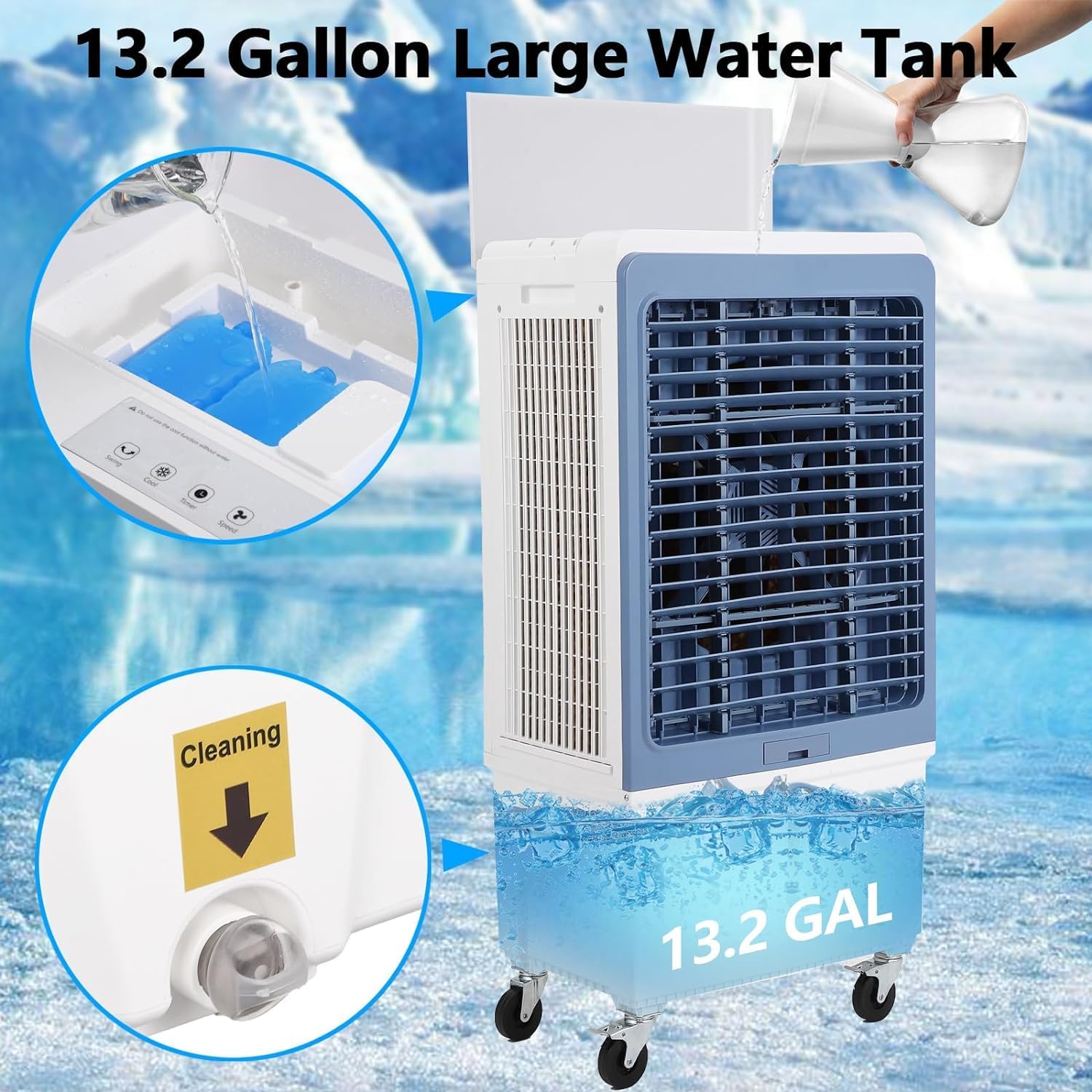 Evaporative Air Cooler, 4100CFM Swamp Cooler Air Conditioner with 4 Ice Packs & Remote Control, 3 Modes & Wind Speeds, 12H Timer, 8.4 Gallon Water Tank, for Outdoor, Indoor, Garage (13.2 Gallon)