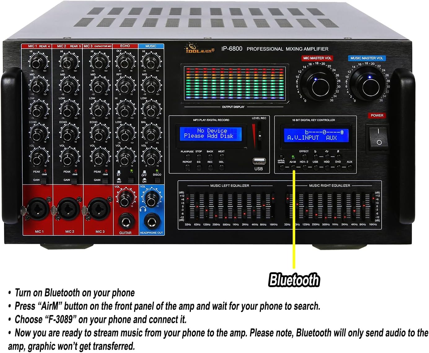 IDOLmain IP-6800 8000W Professional Digital Echo Console Karaoke Mixing Amplifier with 10 Band Equalizer, Phantom Power/HDMI/Optical Inputs