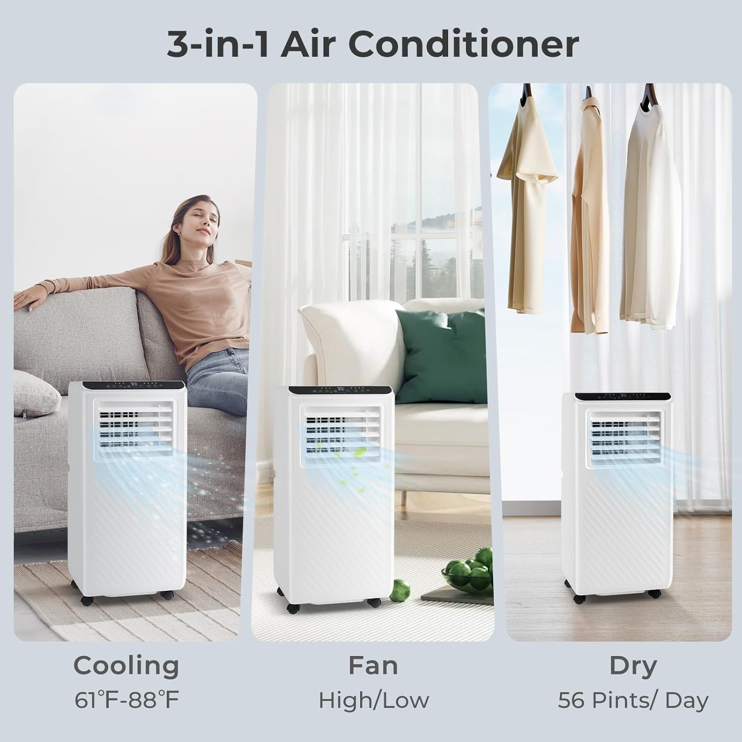 KOTEK Portable Air Conditioners, Cools up to 350 Sq.Ft, 8000 BTU 3-in-1 AC Unit for Bedroom with Dehumidifier, Fan & Sleep Mode & Window Kit, Room Air Conditioner Portable for Home Office (10000BTU)