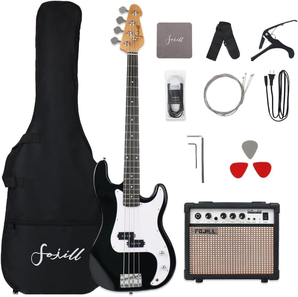 Fojill Full Size 4 Four String Electric Bass Guitar 20W Amplifier Amp Right Hand Beginner Starter Kit Set Combo Bundle Accessory Gig Bag,Strap,Picks,Capo,Noiselss Cable,Strings (Black)