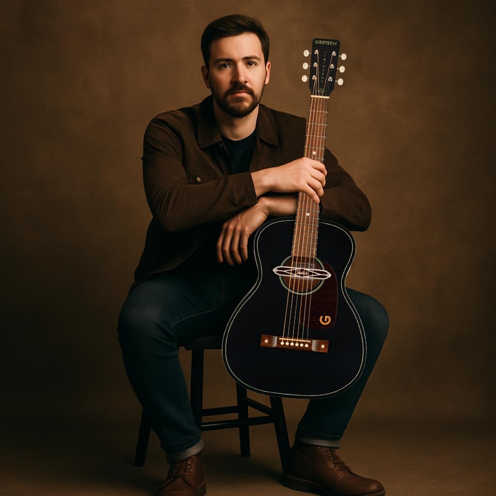 Gretsch Jim Dandy Deltoluxe Concert Acoustic-Electric Guitar - Black Top Bundle with Strings, Strap, Picks, String Winder, and Austin Bazaar Polishing Cloth