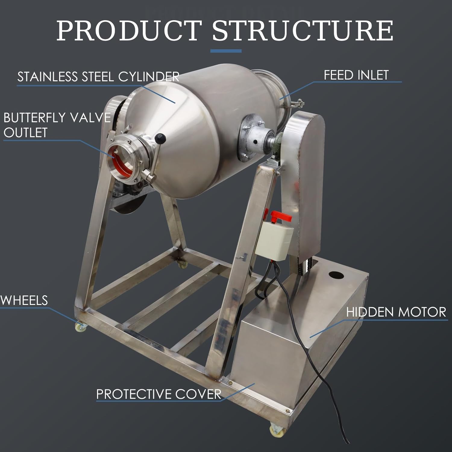 Dry Powder Mixer 60L Powder Mixer Blender Machine 360°Rotation Stainless Steel Powder Mixing Machine Granule Food Powder Drum Mixer Machine 110V 3KW