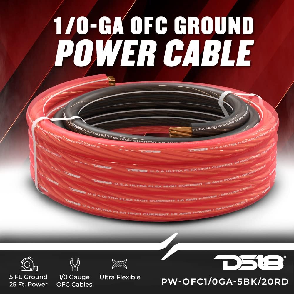 DS18 PW-OFC1/0GA-5BK/20RD 0-GA OFC Ultra Flex Power Wire 5ft Black and 20ft Red - Power Amplifier Wiring Kit