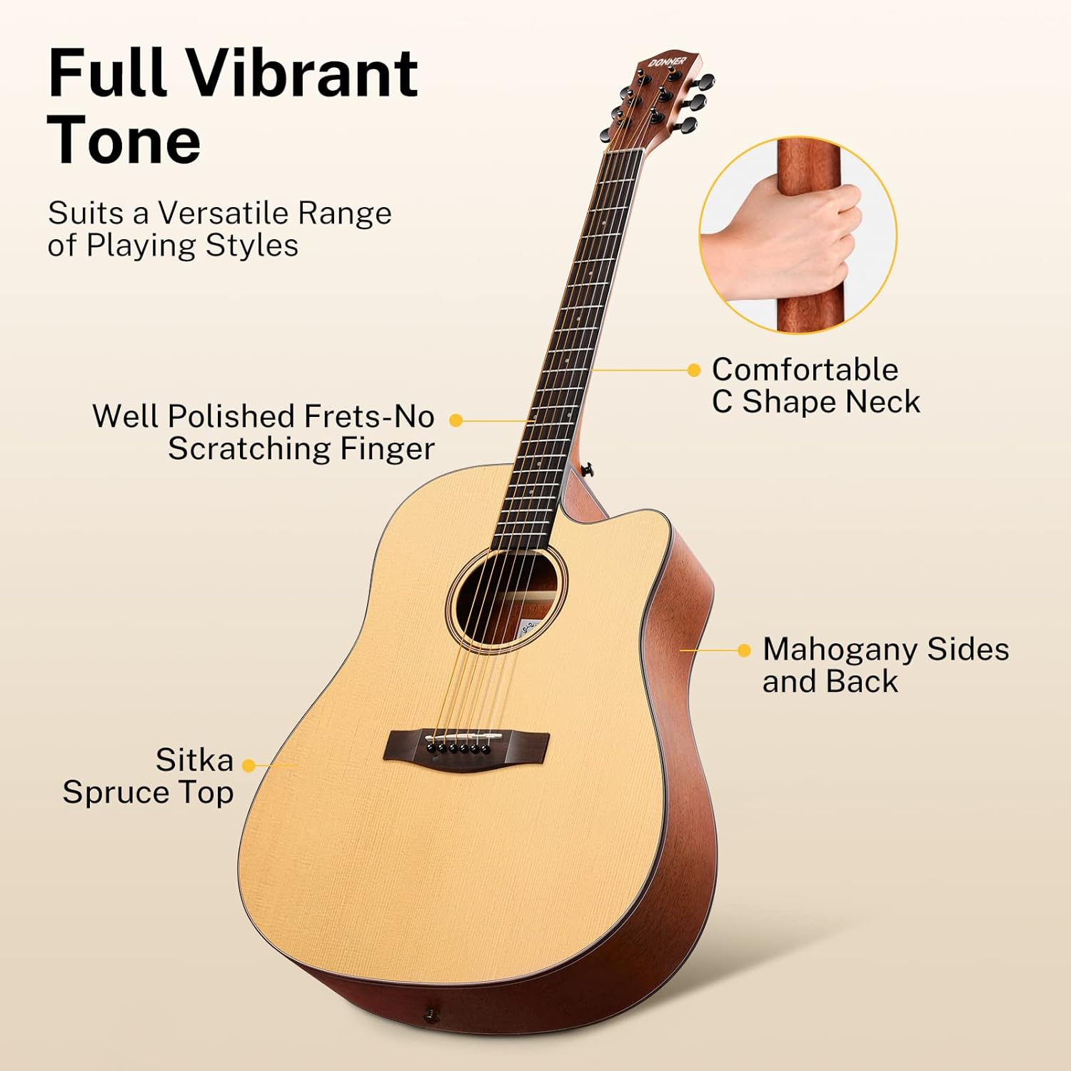 Donner 41” Acoustic Guitar Bundle-Wood Guitar Stand