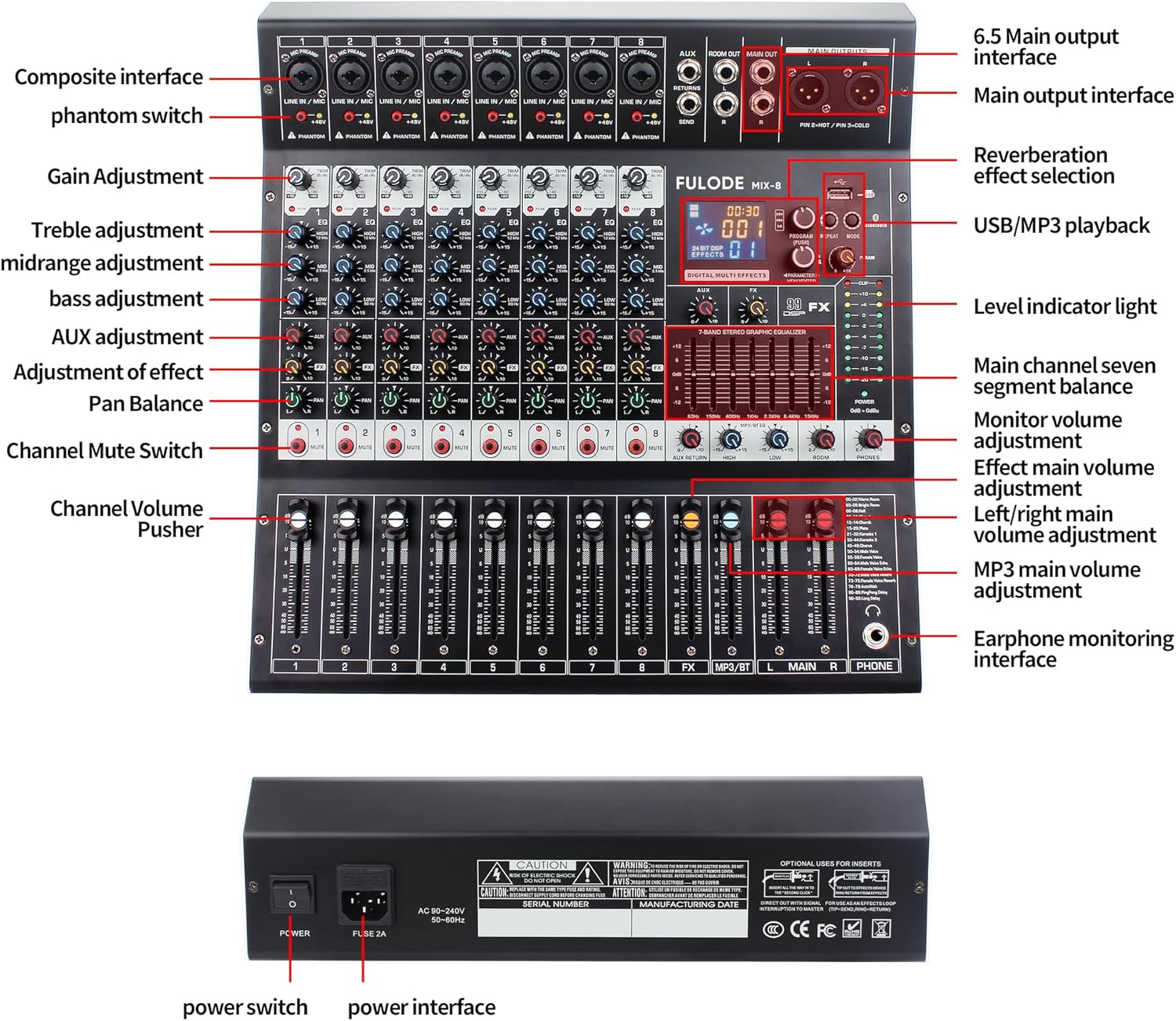 8-Channel Professional Audio Mixer Sound Board Console 99 Bit DSP Digital Processor w/USB Bluetooth MP3 for PC Recording Input, XLR Microphone Jack, 48V Power, DJ Mixer