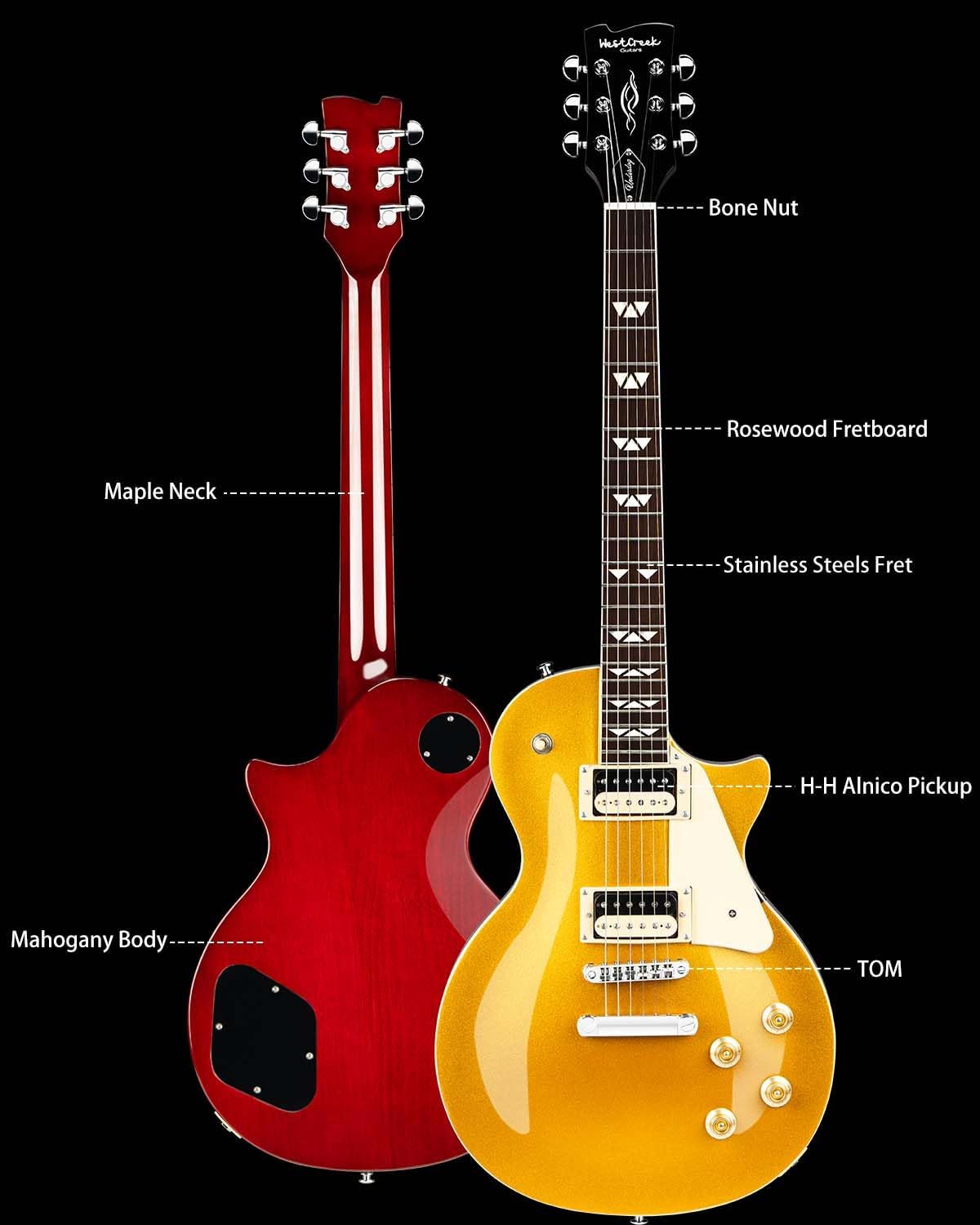 WestCreek Underdog Solid Body Electric Guitar, Mahogany Body, Maple Neck, Rosewood Fretboard, Rounded End Frets, Bone Nut, 22 Frets (Golden)