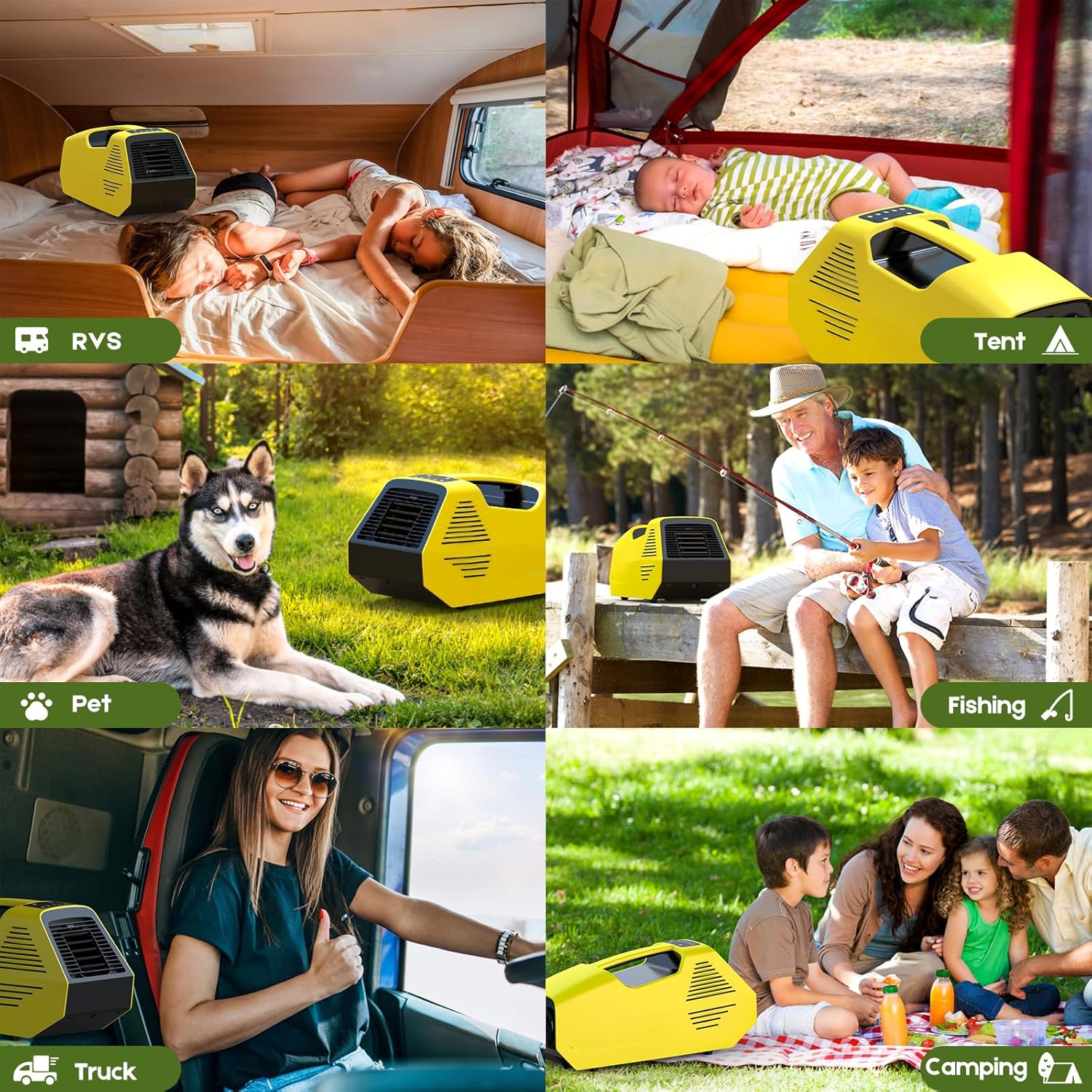 Portable Air Conditioners, 2380BTU Rapid Cooling Outdoor Air Conditioner, 240W Low Power Consumption Camping Air Conditioner for Tent, RV, Truck,Van, Car (Battery Not Included) - Yellow