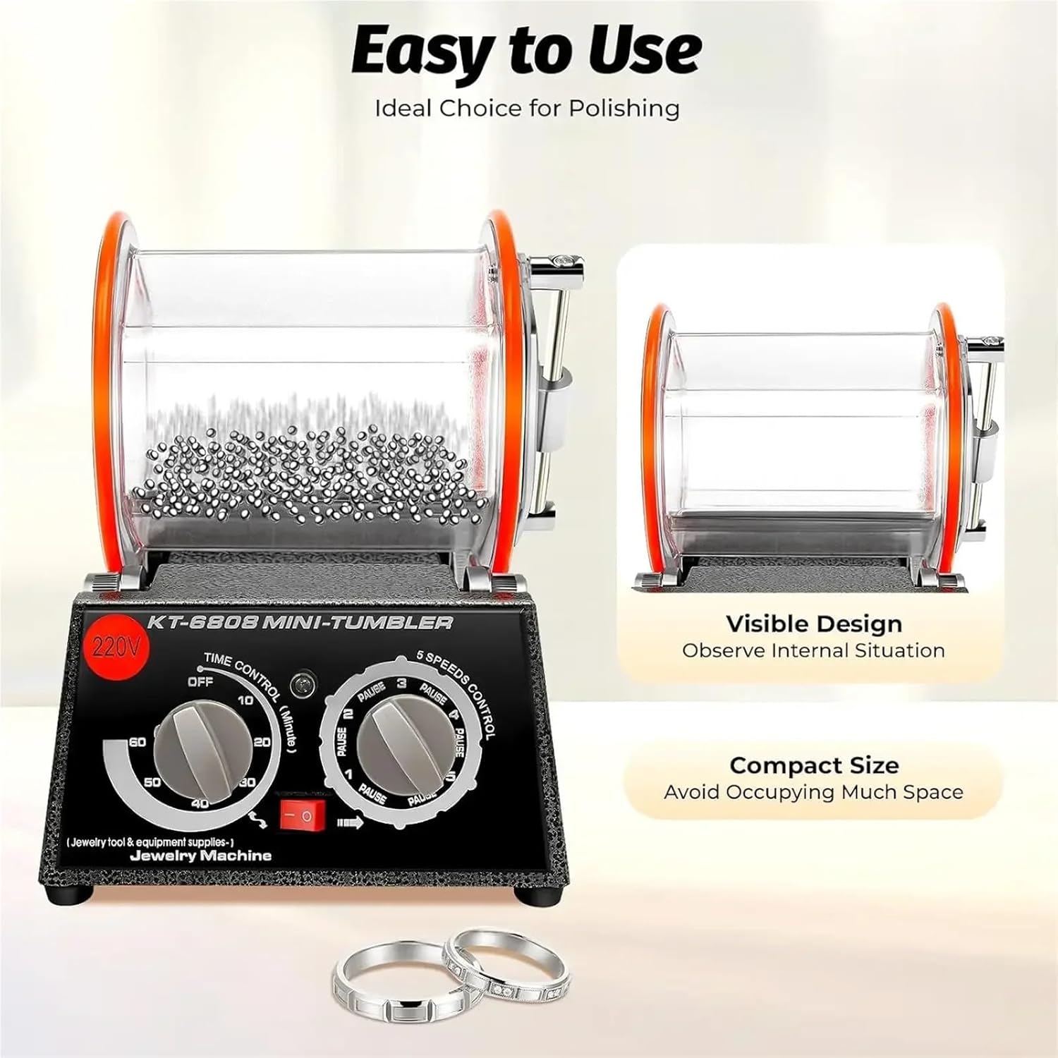 Jewelry Polishing, Polishing Drum Ball Mill, Rotary Jewelry Tumbler Polisher 60 W, Polishing Machine for Jewellery,5 Speed Control with 500-3000RPM