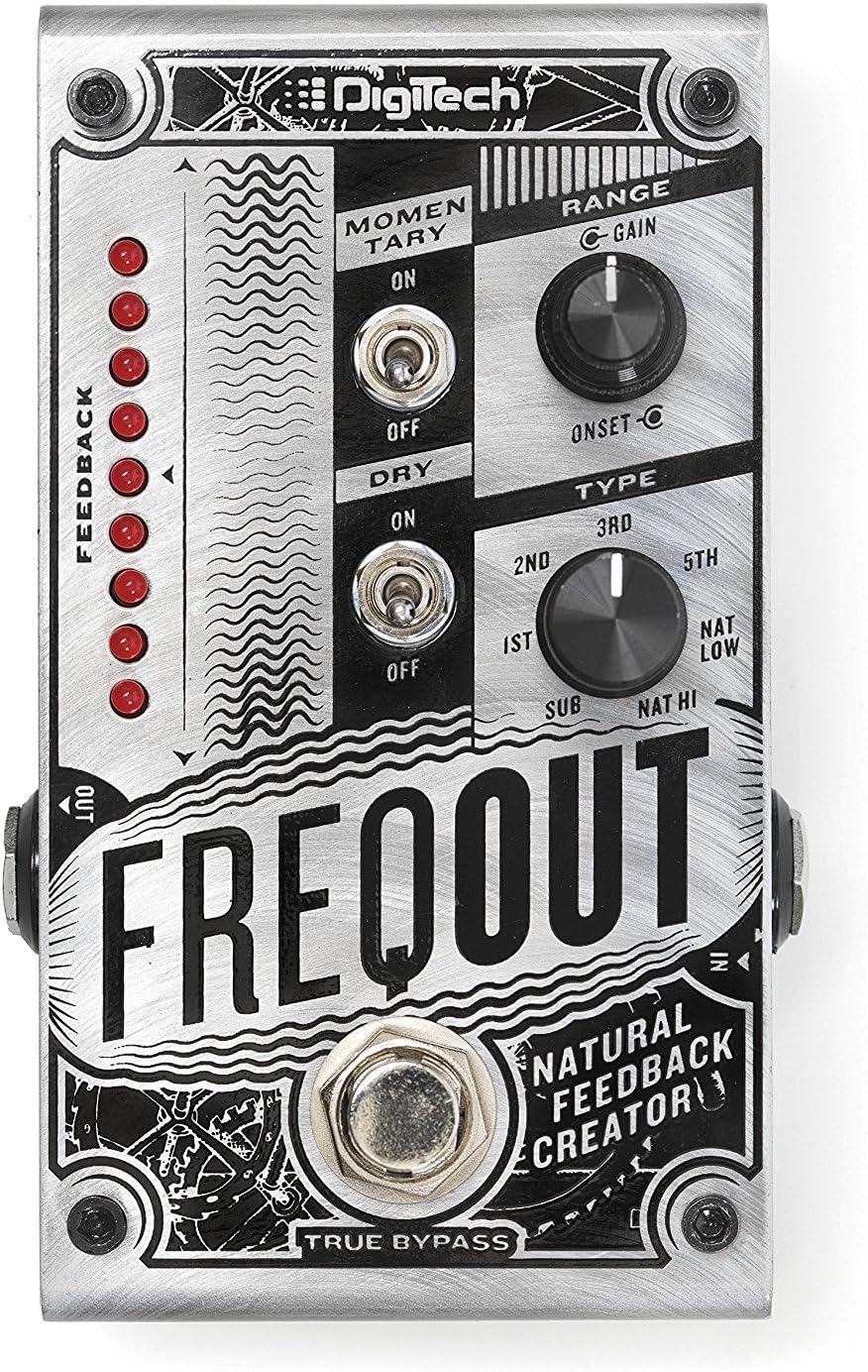 Digitech FREQOUT Natural Feedback Creator Pedal Bundle with 2 Patch Cables, 2 Instrument Cables, and 6 Assorted Dunlop Picks