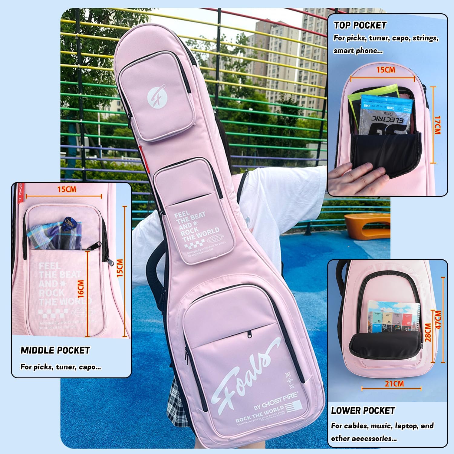 GHOSTFIRE FOALS Dream Bubble Series Colorful Electric Guitar Gig Bag Super thick with Storage Space (Black, Electric Guitar)