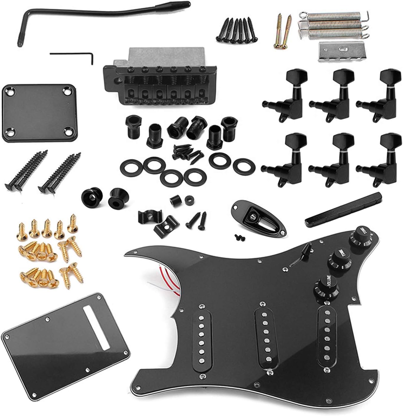 Black ST Style Electric Guitar Full Set DIY Accessory Kit Including Prewired Pickguard, SSS Pickups and Other Accessories
