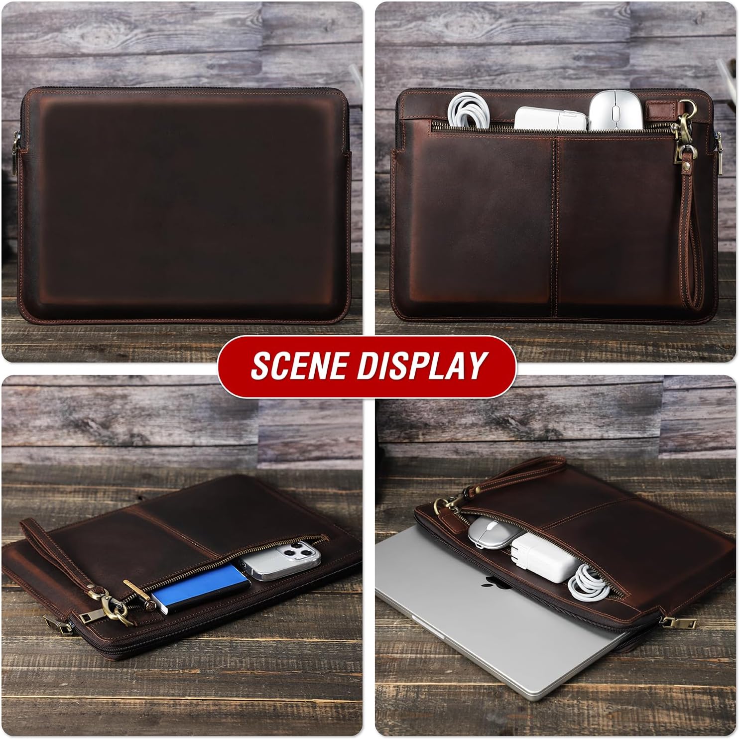 Top Grain Leather Text Customizable Laptop Sleeve Bag, Vintage Design with Multiple Pockets, Fully Handmade, Compatible with MacBook Pro/Air & iPad Pro/Air & Other PC & Accessories